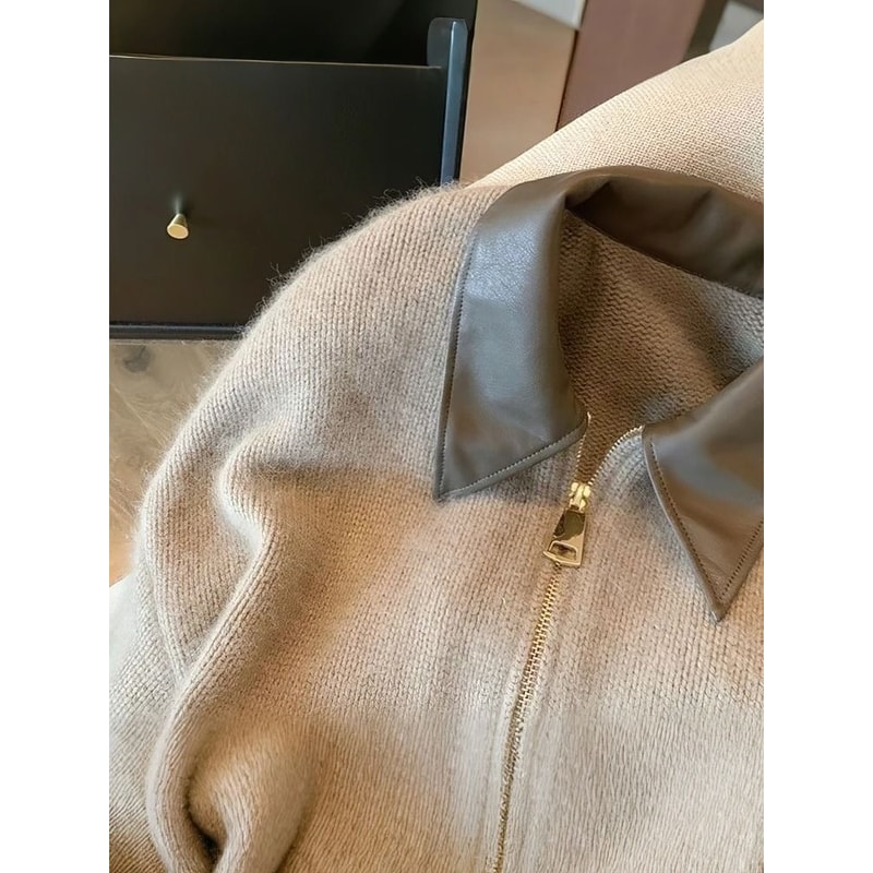 Womens Patchwork Cropped Cardigan Thick Zip Up Knit Bomber Sweater Vintage Y2K Short Knit Jacket 4