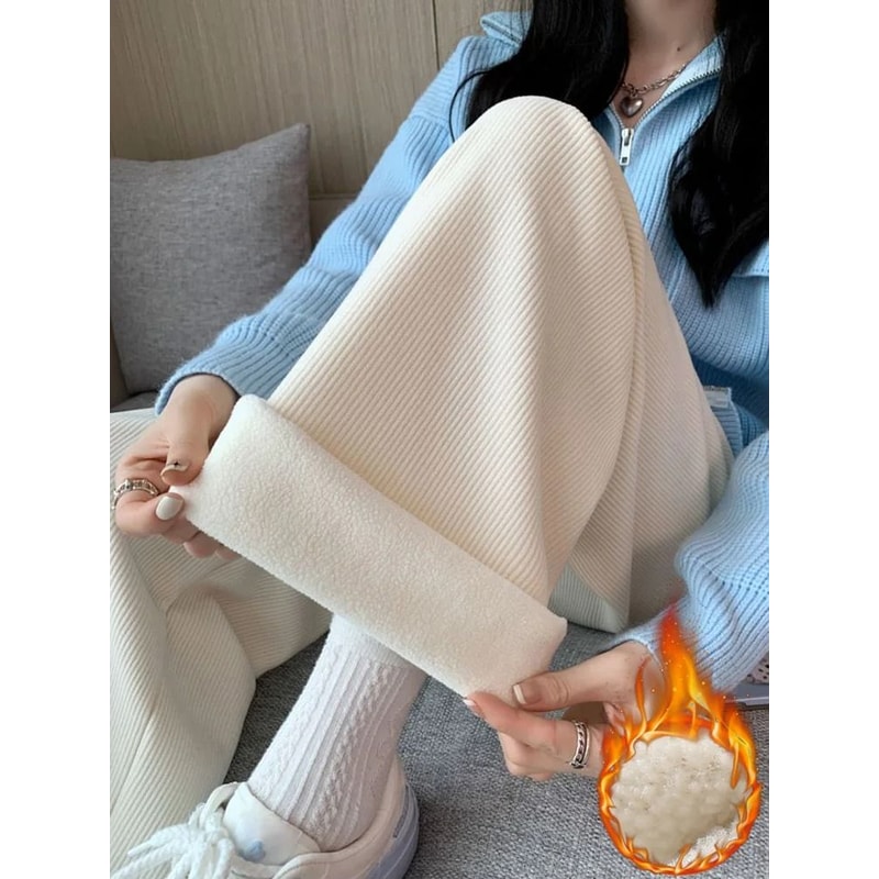Womens Fleece Wide Leg Pants Warm Elastic Waist Winter Trousers Casual Loose Straight Leg Pants 11