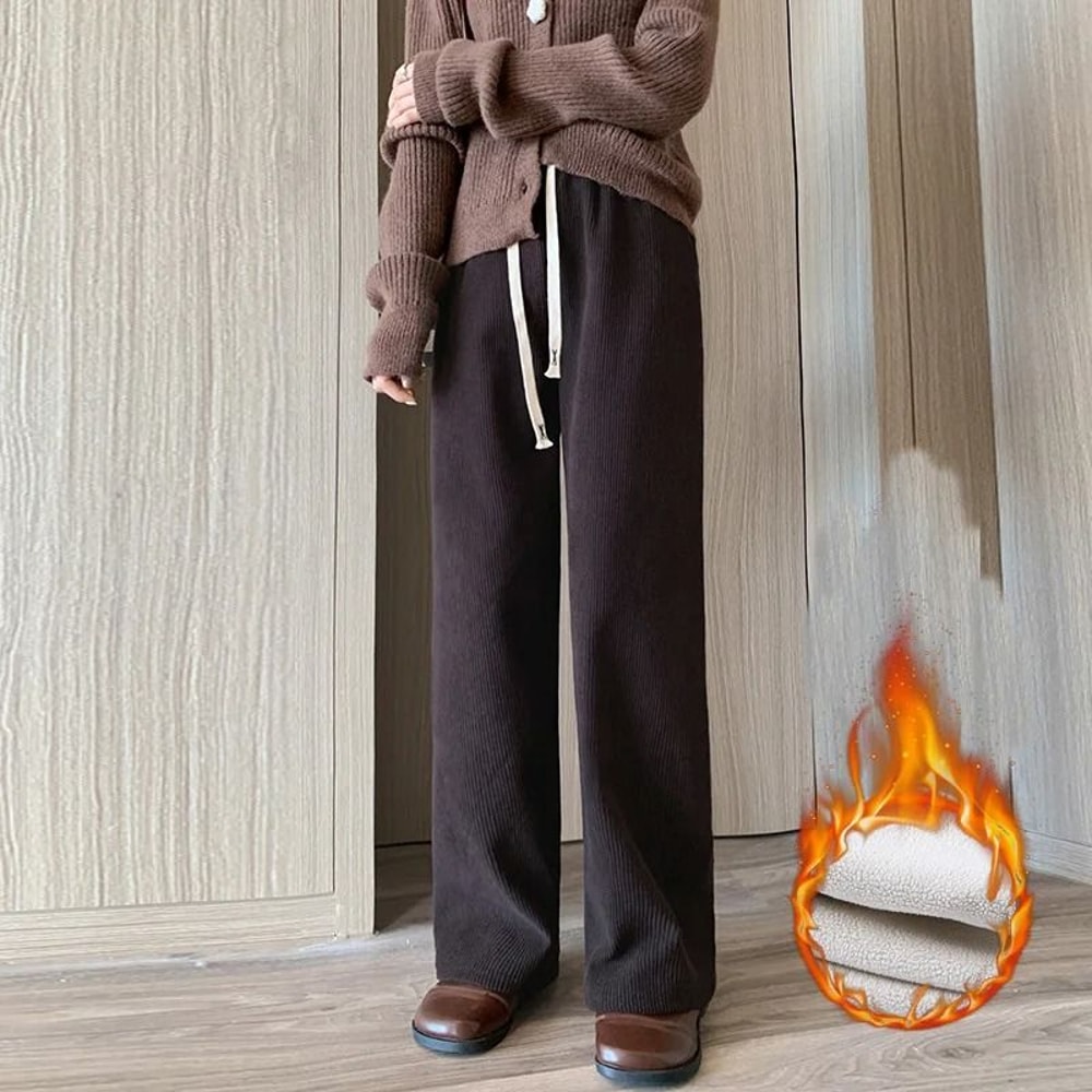 Womens Fleece Wide Leg Pants Warm Elastic Waist Winter Trousers Casual Loose Straight Leg Pants 5