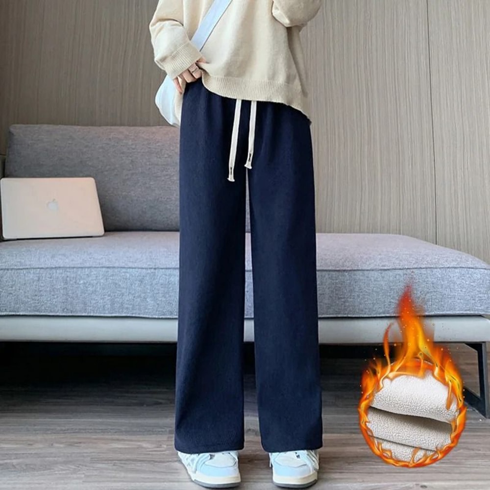 Womens Fleece Wide Leg Pants Warm Elastic Waist Winter Trousers Casual Loose Straight Leg Pants 1