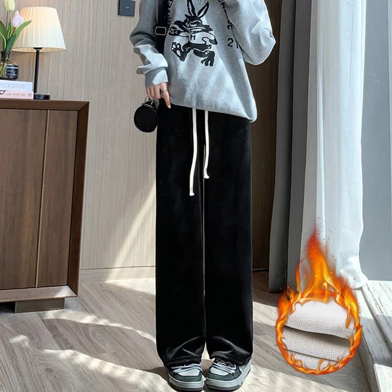 Womens Fleece Wide Leg Pants Warm Elastic Waist Winter Trousers Casual Loose Straight Leg Pants 3