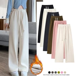 womens fleece wide leg pants warm elastic waist winter trousers casual loose straight leg pants