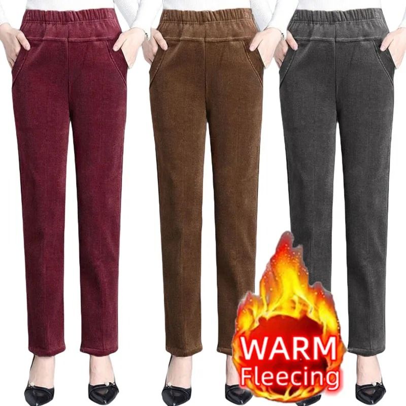 Womens High Waist Fleece Pants Elegant Corduroy Leggings Warm Winter Pencil Trousers 0