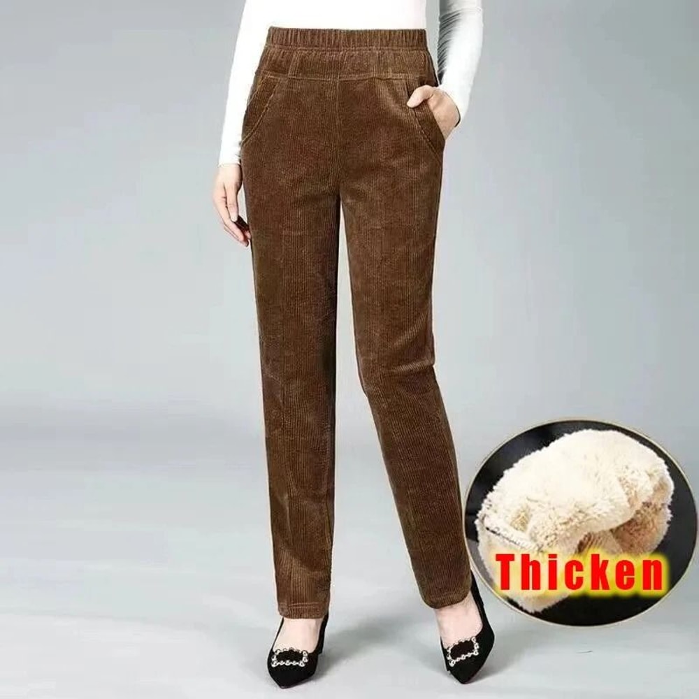 Womens High Waist Fleece Pants Elegant Corduroy Leggings Warm Winter Pencil Trousers 2