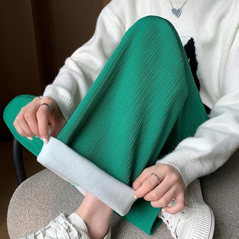 Womens Fleece Lined Wide Leg Pants Cozy High Waist Winter Pants Thick Casual Straight Leg Trousers 5