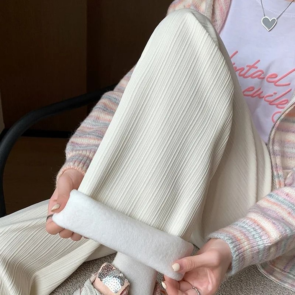 Womens Fleece Lined Wide Leg Pants Cozy High Waist Winter Pants Thick Casual Straight Leg Trousers 2