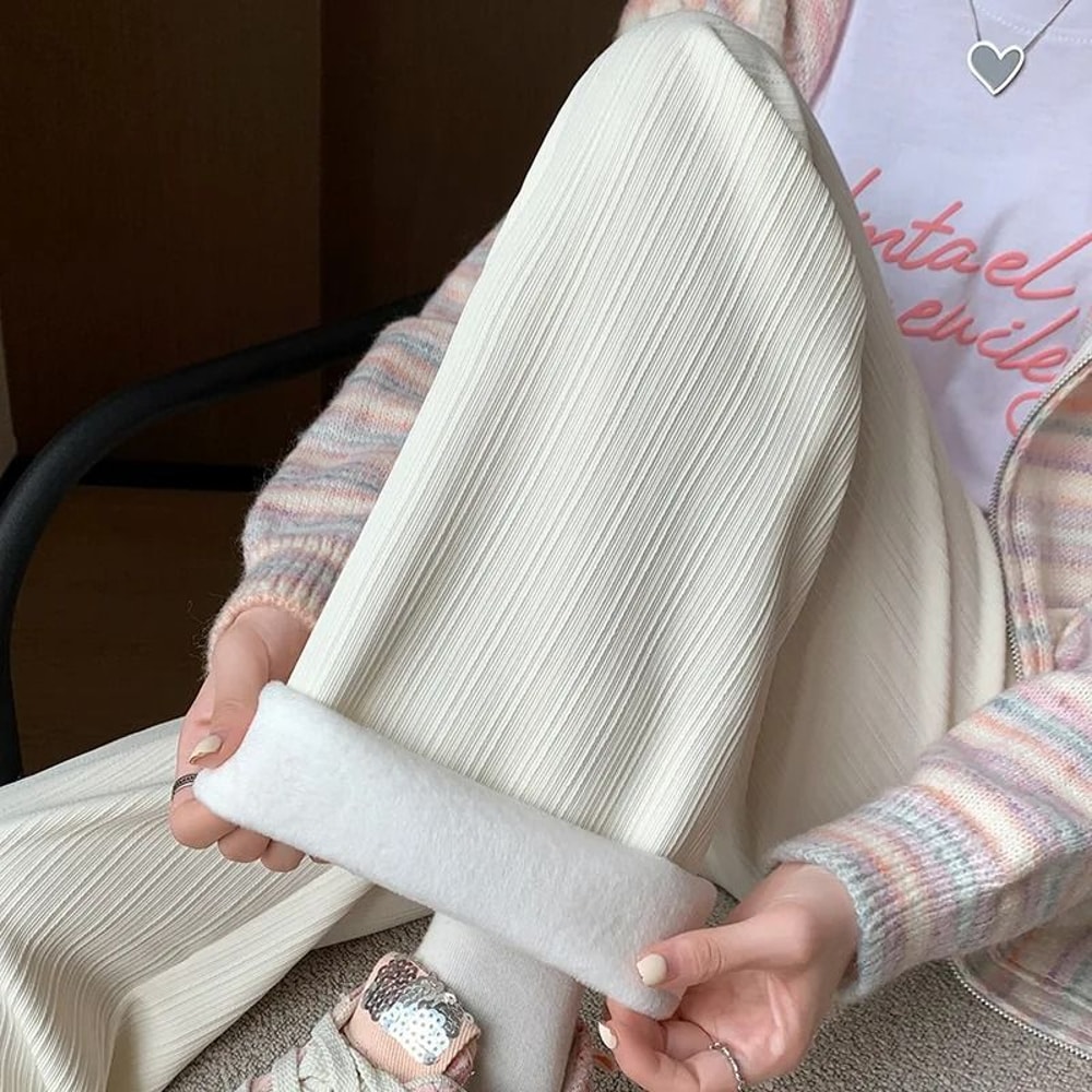 Womens Fleece Lined Wide Leg Pants Cozy High Waist Winter Pants Thick Casual Straight Leg Trousers 6