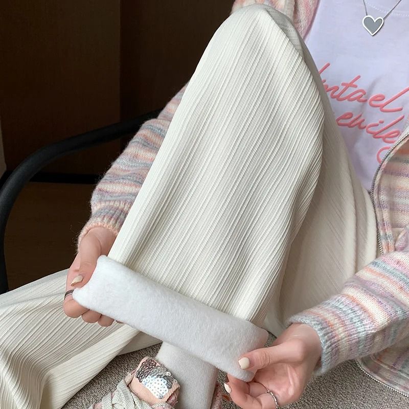 Womens Fleece Lined Wide Leg Pants Cozy High Waist Winter Pants Thick Casual Straight Leg Trousers 6