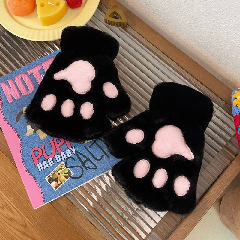 Cute Plush Cat Paw Gloves Fingerless Fluffy Claw Mittens For Cosplay Winter Warmth 2