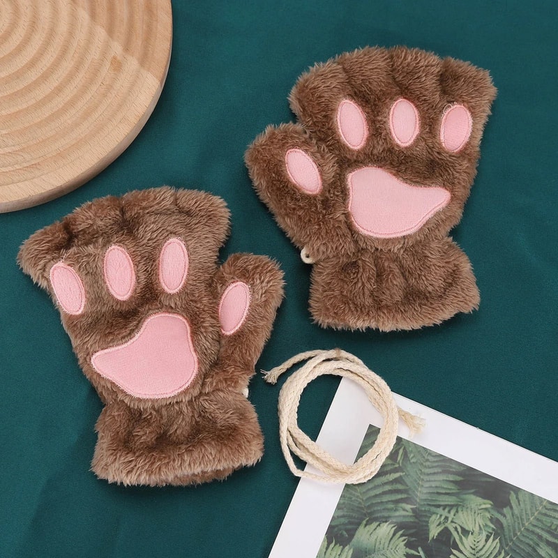 Cute Plush Cat Paw Gloves Fingerless Fluffy Claw Mittens For Cosplay Winter Warmth 5