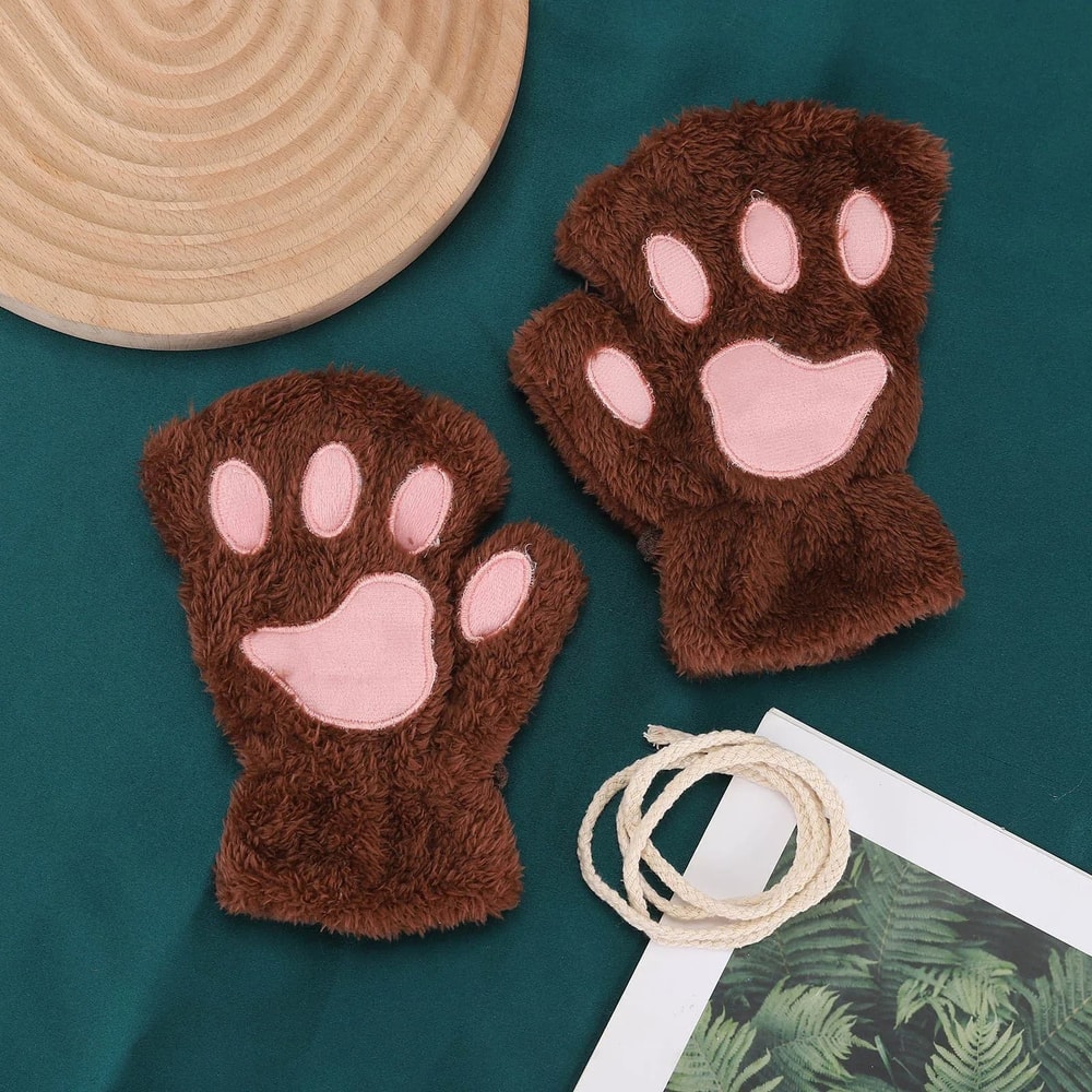 Cute Plush Cat Paw Gloves Fingerless Fluffy Claw Mittens For Cosplay Winter Warmth 4