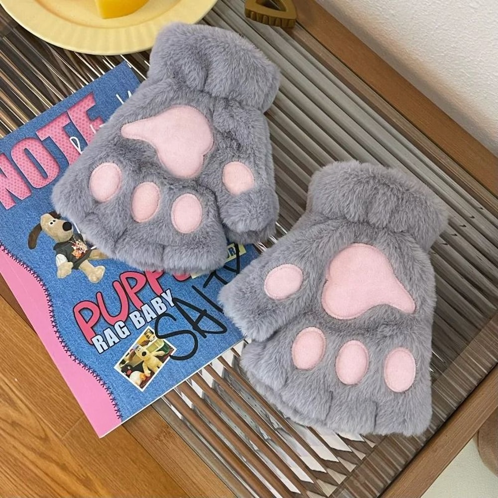 Cute Plush Cat Paw Gloves Fingerless Fluffy Claw Mittens For Cosplay Winter Warmth 3