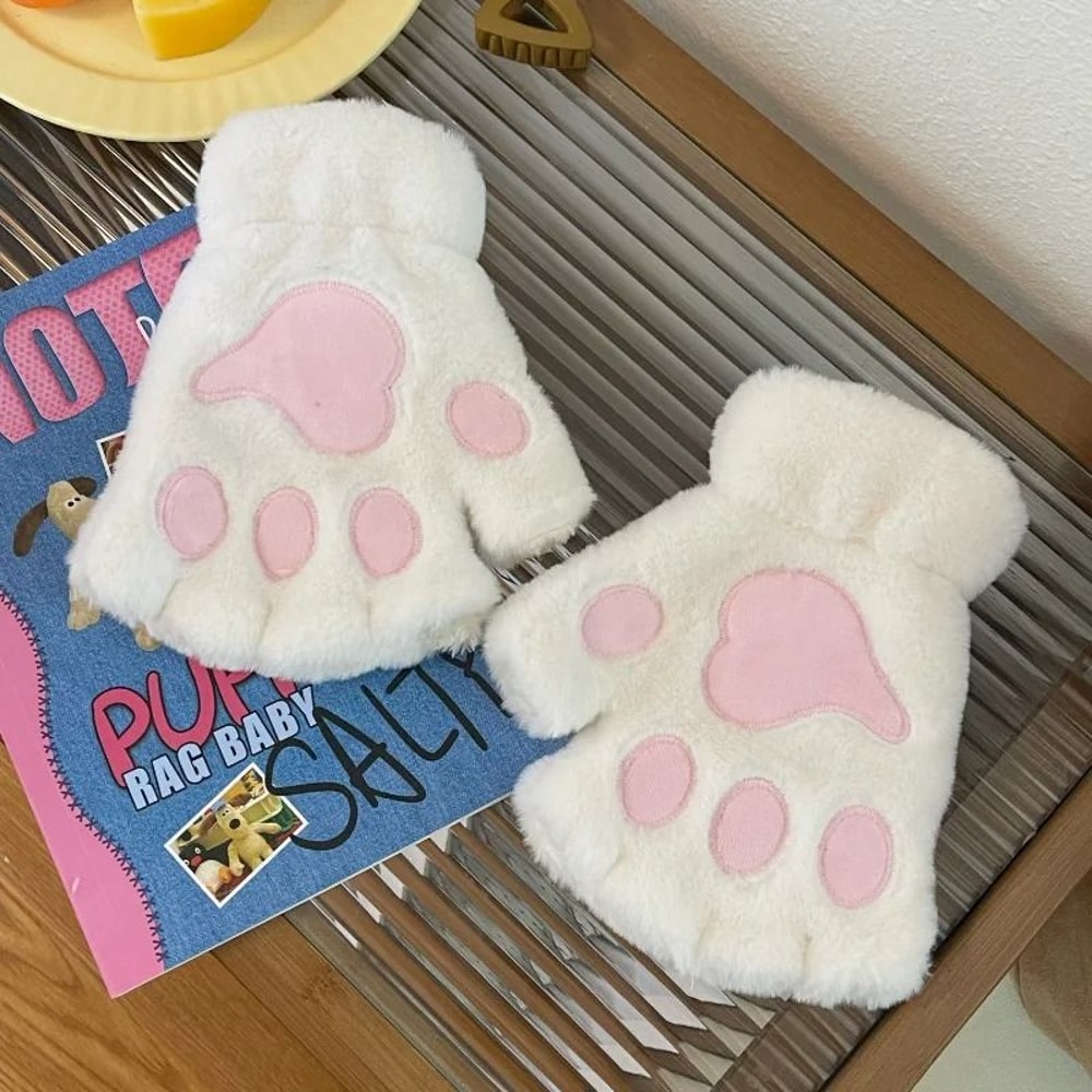 Cute Plush Cat Paw Gloves Fingerless Fluffy Claw Mittens For Cosplay Winter Warmth 1