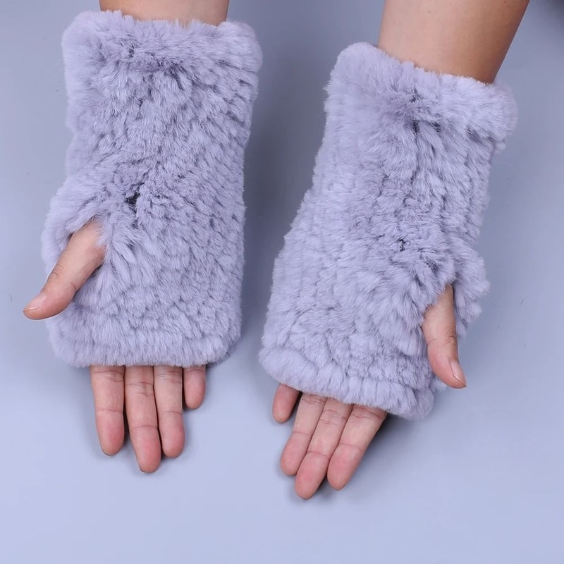 Luxury Rex Rabbit Fur Fingerless Gloves Fluffy Womens Winter Wrist Warmers 14