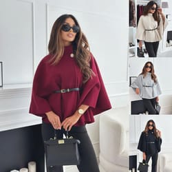 elegant womens batwing sleeve poncho coat tweed waist cinching winter cape