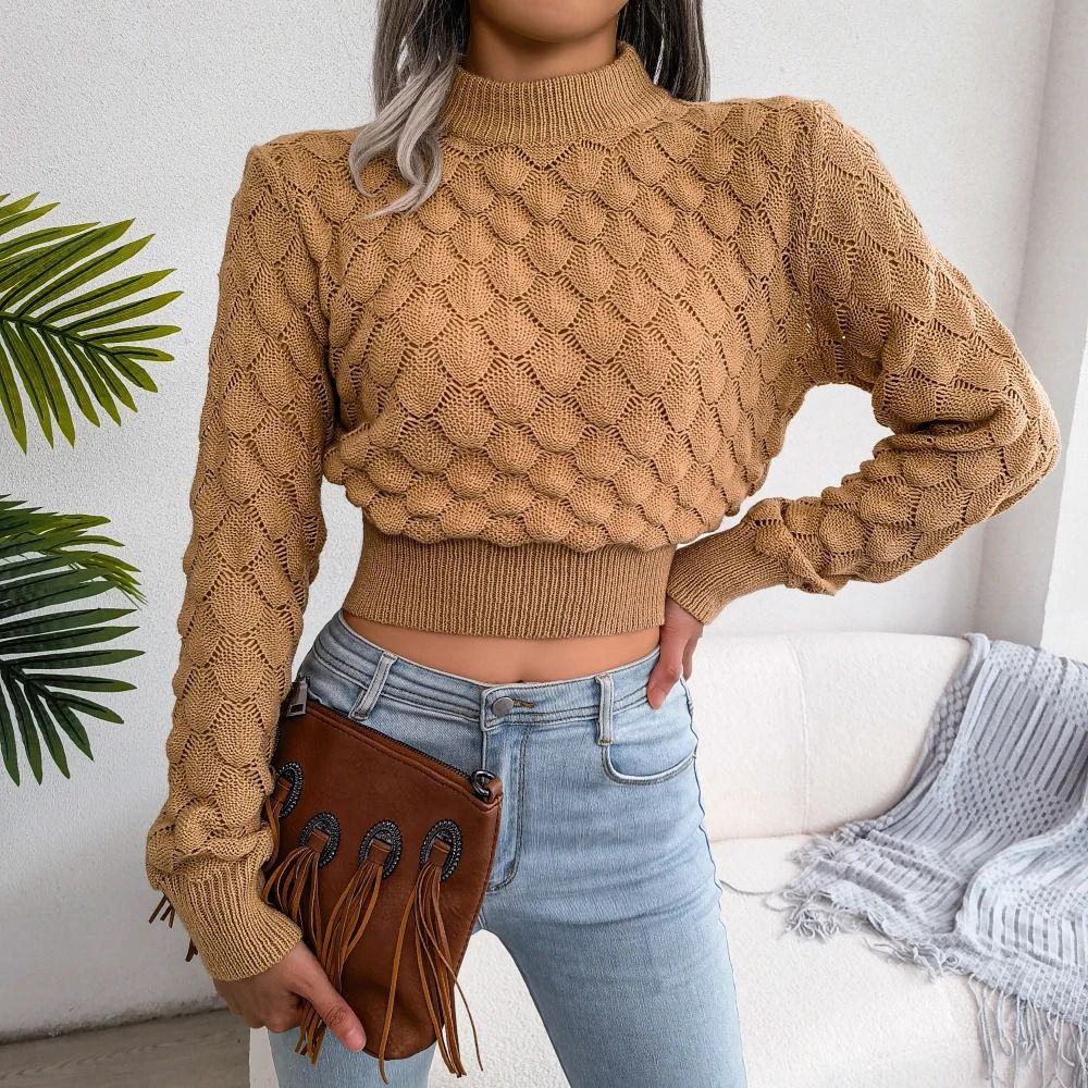 Trendy Womens Cropped Knit Sweater Hollow Out Long Sleeve Pullover Top 4