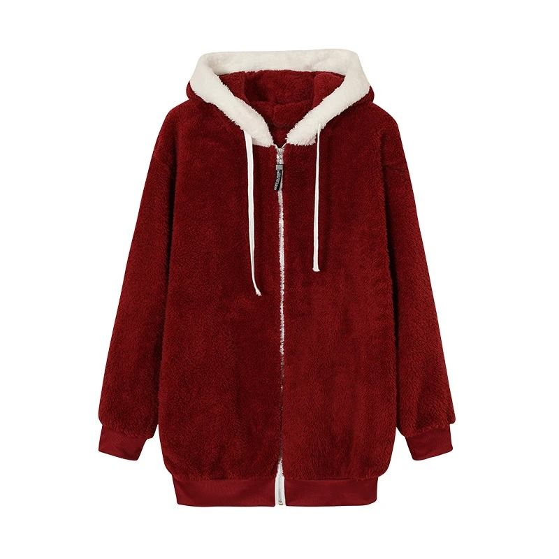 Cozy Womens Plush Hooded Jacket Loose Zip Up Winter Fleece Coat 9