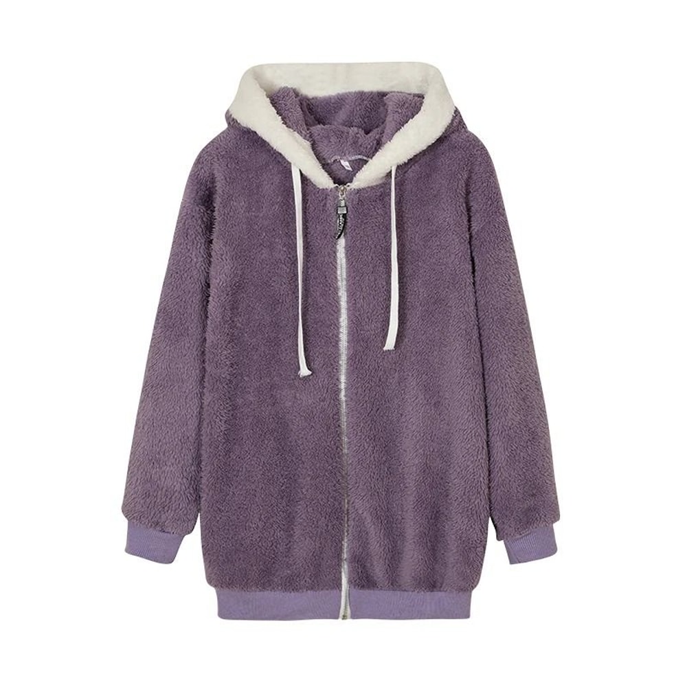 Cozy Womens Plush Hooded Jacket Loose Zip Up Winter Fleece Coat 8