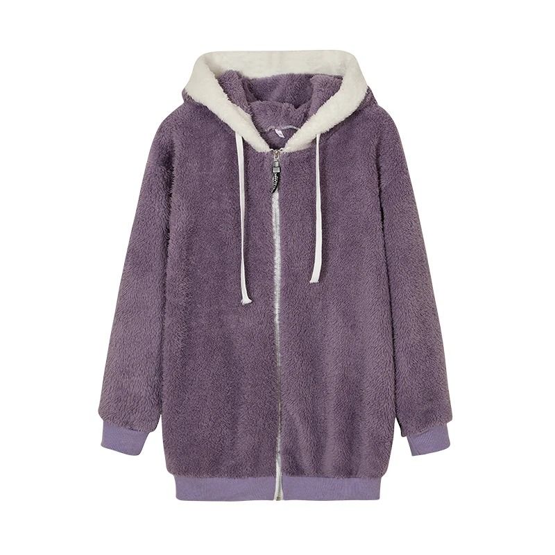 Cozy Womens Plush Hooded Jacket Loose Zip Up Winter Fleece Coat 8
