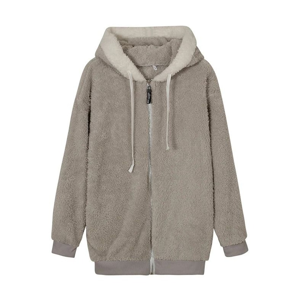 Cozy Womens Plush Hooded Jacket Loose Zip Up Winter Fleece Coat 4