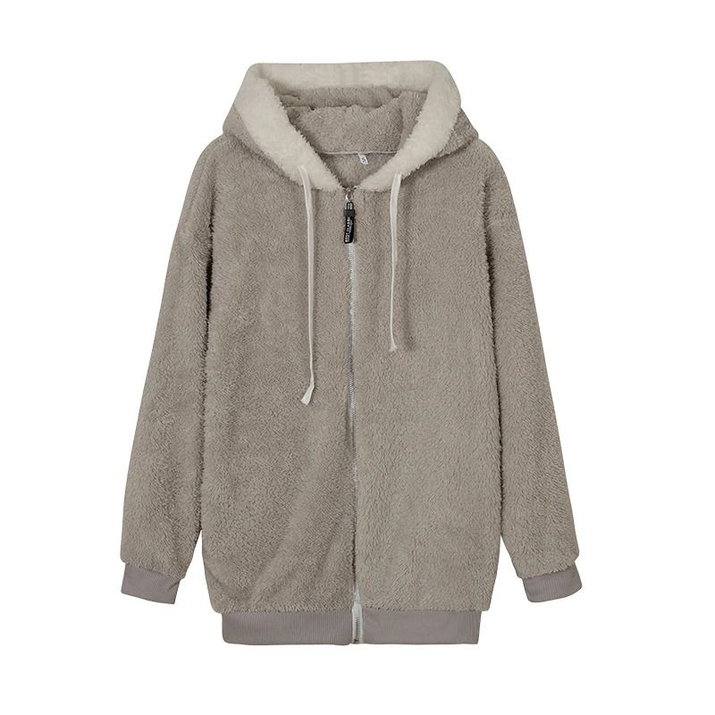Cozy Womens Plush Hooded Jacket Loose Zip Up Winter Fleece Coat 4