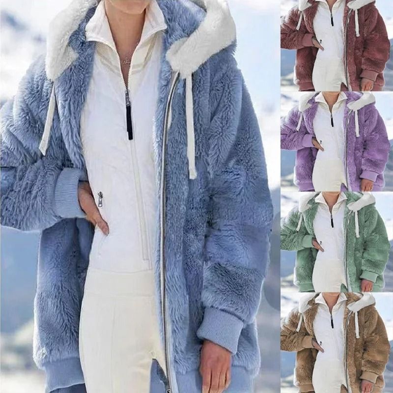 Cozy Womens Plush Hooded Jacket Loose Zip Up Winter Fleece Coat 0