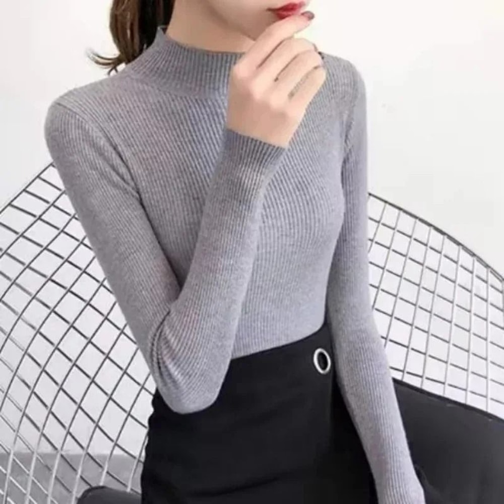Elegant Womens Mock Neck Knit Sweater Slim Fit Korean Style Pullover 14