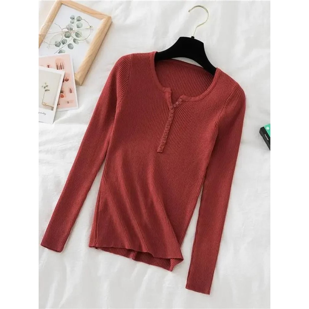 Chic Womens V Neck Knit Sweater Korean Style Button Slim Fit Pullover 15