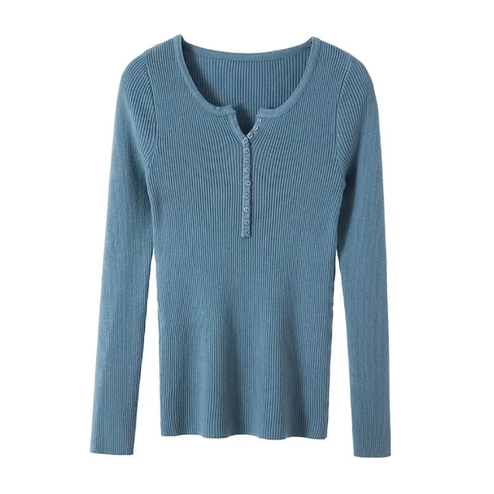 Chic Womens V Neck Knit Sweater Korean Style Button Slim Fit Pullover 0