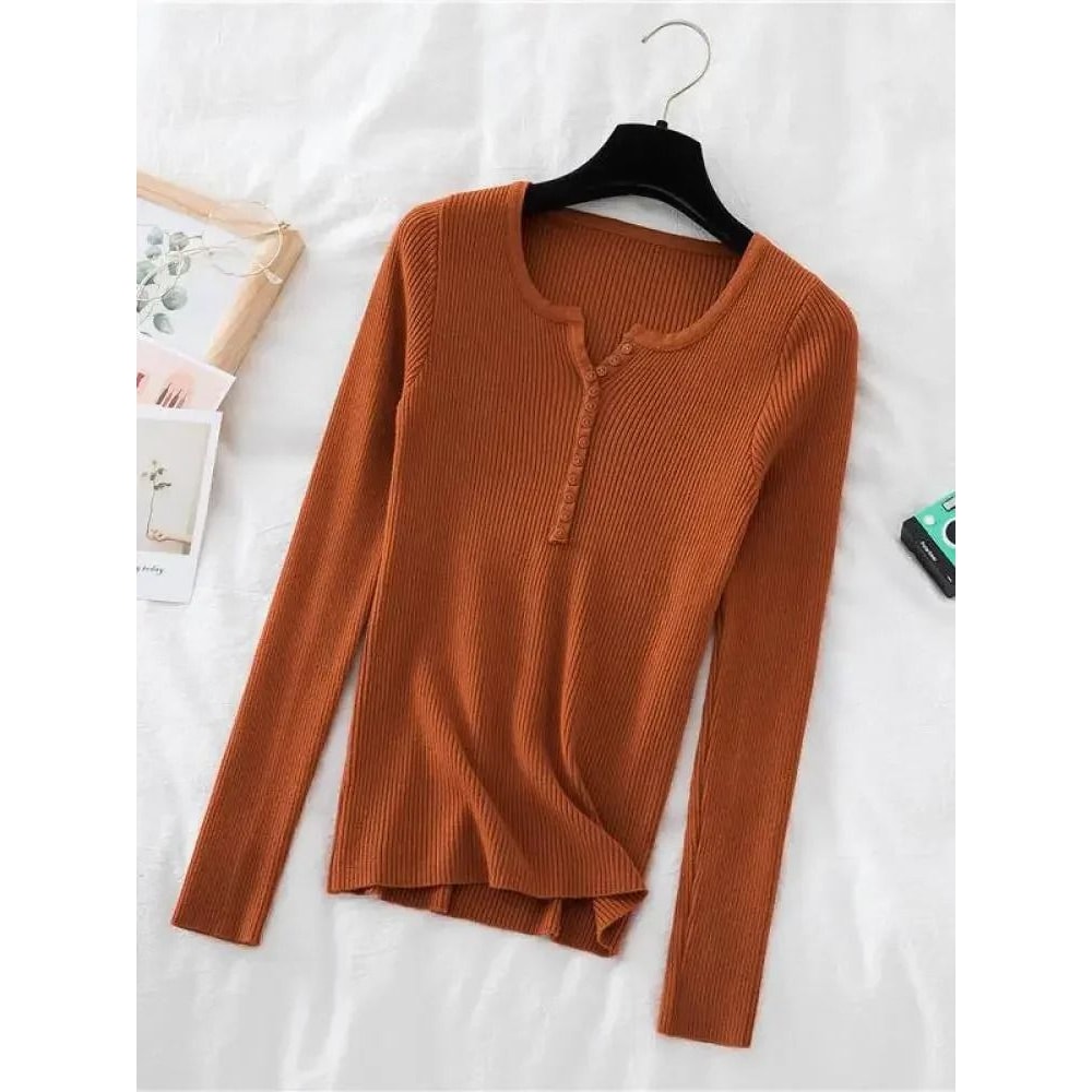Chic Womens V Neck Knit Sweater Korean Style Button Slim Fit Pullover 1