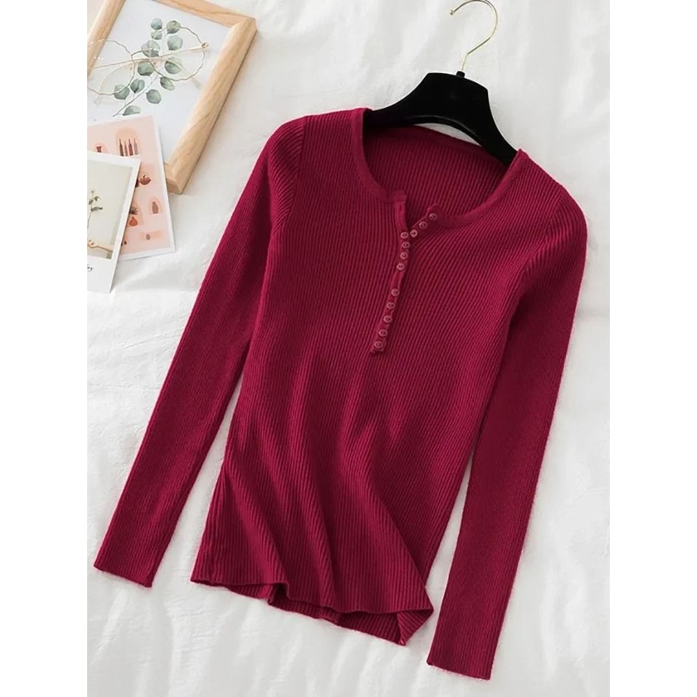 Chic Womens V Neck Knit Sweater Korean Style Button Slim Fit Pullover 17