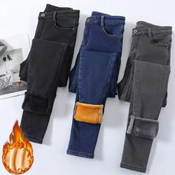 warm womens fleece lined jeans high waist thermal stretch winter denim