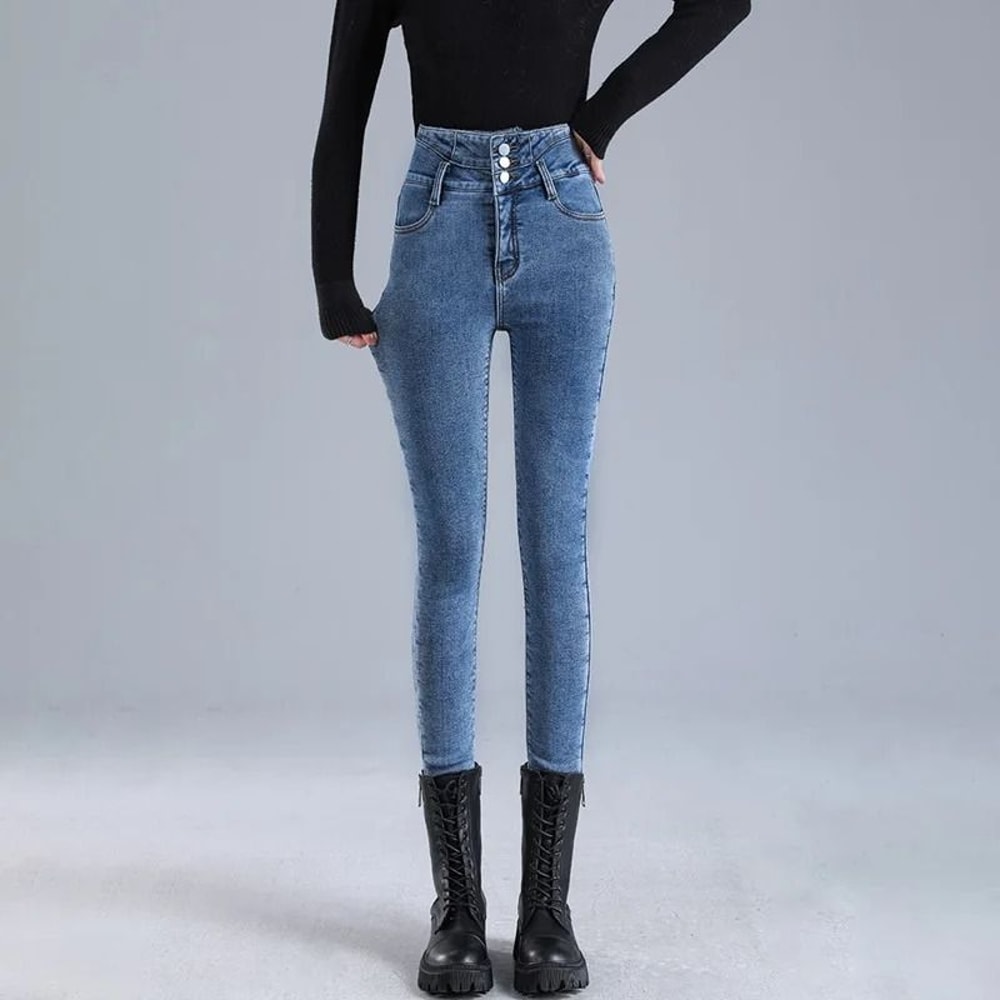 Womens Thermal High Waist Skinny Jeans Fleece Lined Winter Denim Pants 9