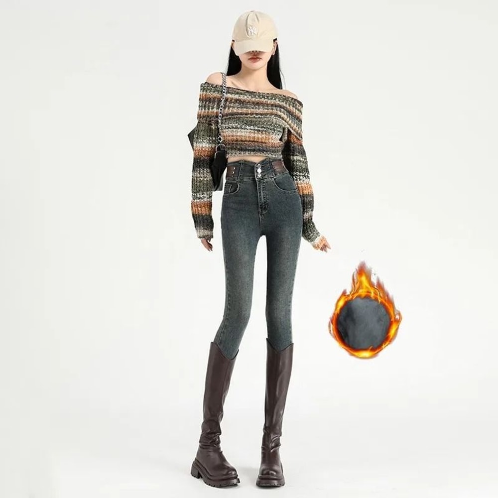 Womens High Waist Fleece Lined Jeans Warm Thermal Slim Winter Denim Pants 2