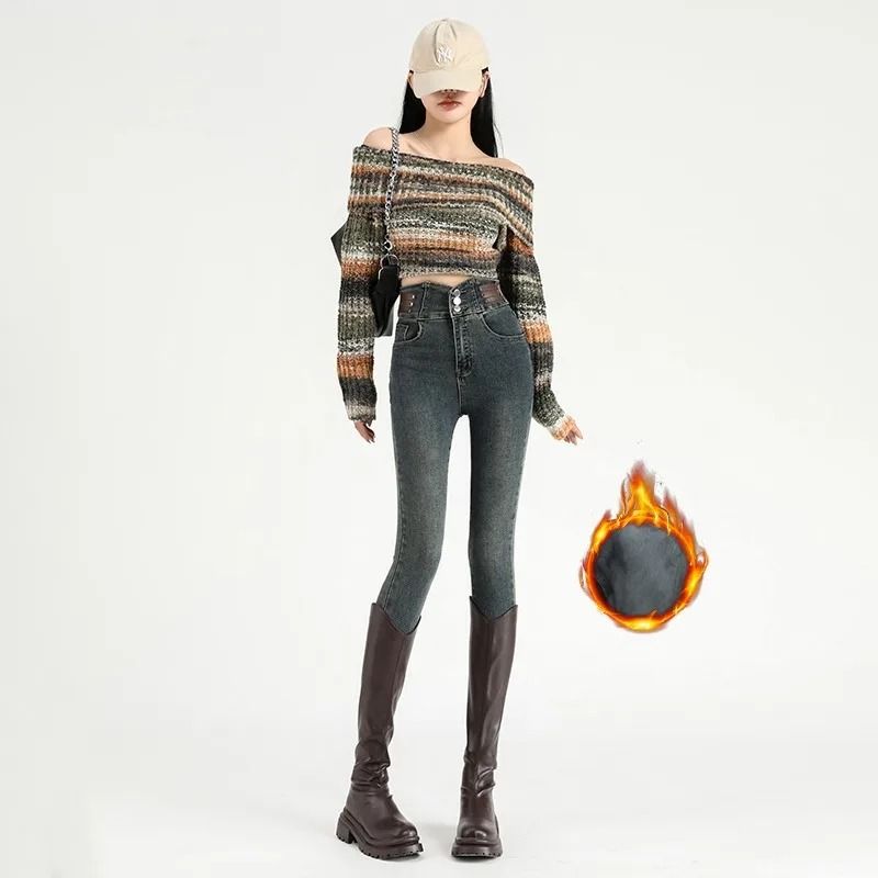 Womens High Waist Fleece Lined Jeans Warm Thermal Slim Winter Denim Pants 2