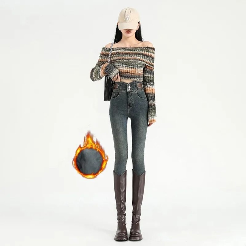 Womens High Waist Fleece Lined Jeans Warm Thermal Slim Winter Denim Pants 5