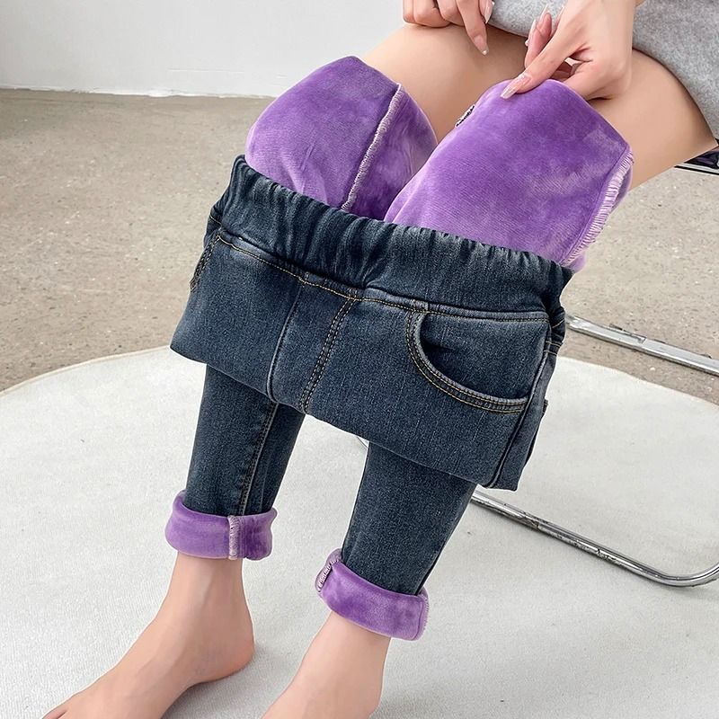 Womens Fleece Lined Winter Jeans Elastic Waist Warm Slim Mom Denim Pants 9