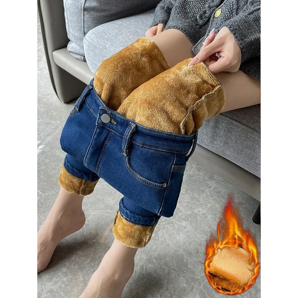 Womens Fleece Lined High Waist Jeans Warm Stretch Winter Skinny Pants 2