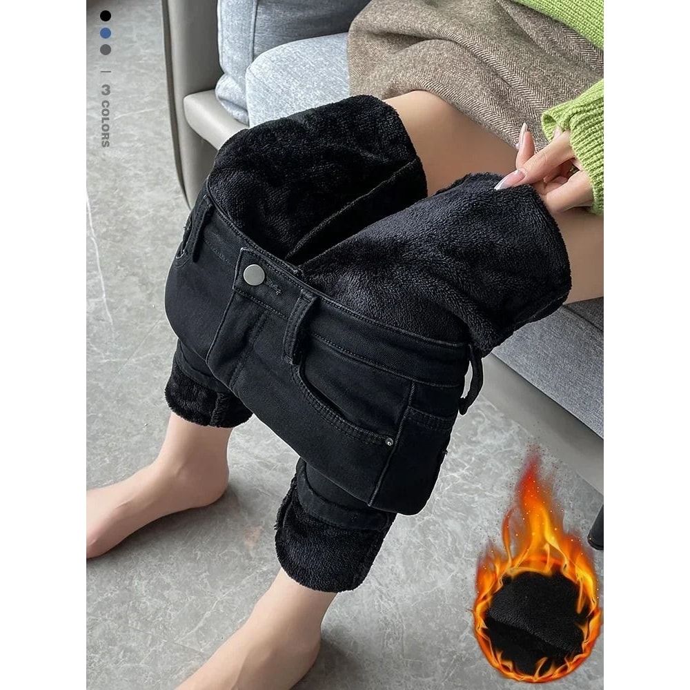 Womens Fleece Lined High Waist Jeans Warm Stretch Winter Skinny Pants 9