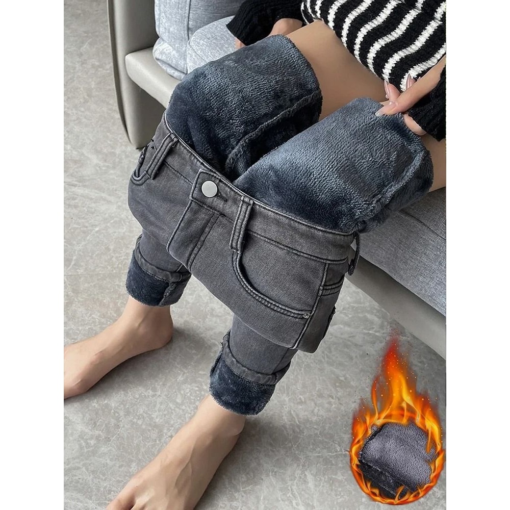 Womens Fleece Lined High Waist Jeans Warm Stretch Winter Skinny Pants 3