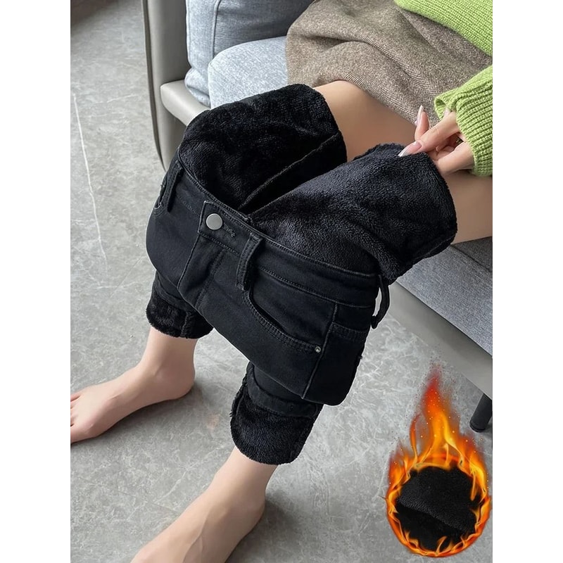 Womens Fleece Lined High Waist Jeans Warm Stretch Winter Skinny Pants 1