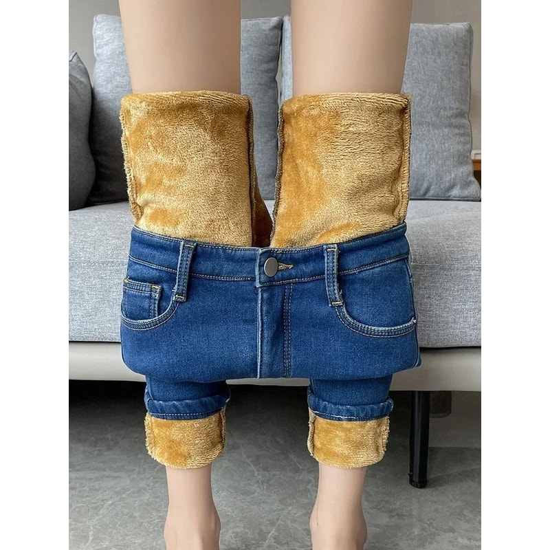 Womens Fleece Lined High Waist Jeans Warm Stretch Winter Skinny Pants 4