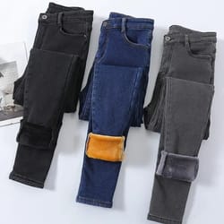 womens fleece lined high waist jeans warm stretch winter skinny pants