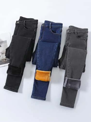 Womens Fleece Lined High Waist Jeans Warm Stretch Winter Skinny Pants