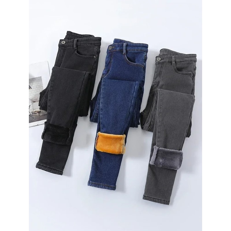 Womens Fleece Lined High Waist Jeans Warm Stretch Winter Skinny Pants 0