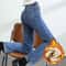 Womens Winter Fleece Lined Jeans Warm Retro Straight Denim Pants 4