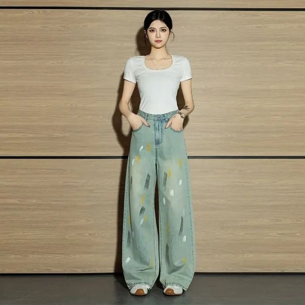 Womens High Waist Graffiti Straight Leg Jeans Retro Street Style Denim Pants 0