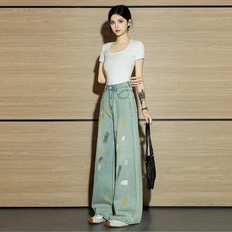 Womens High Waist Graffiti Straight Leg Jeans Retro Street Style Denim Pants 2