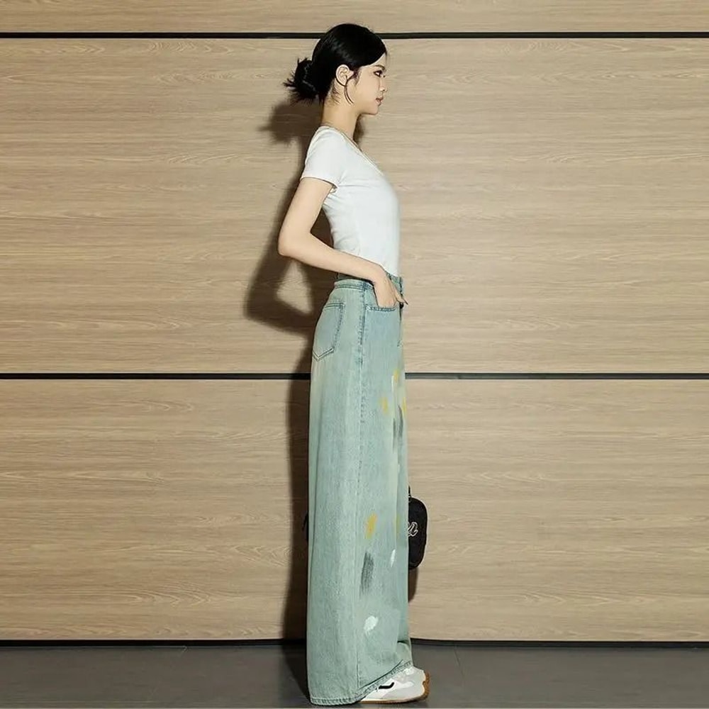 Womens High Waist Graffiti Straight Leg Jeans Retro Street Style Denim Pants 3