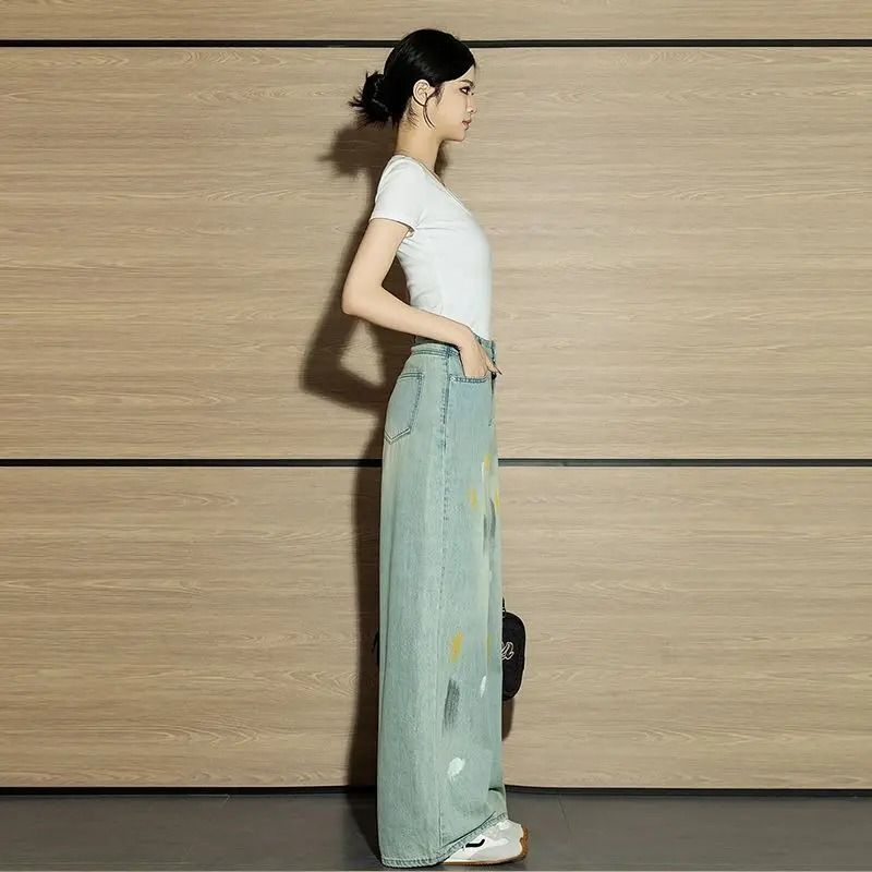 Womens High Waist Graffiti Straight Leg Jeans Retro Street Style Denim Pants 3